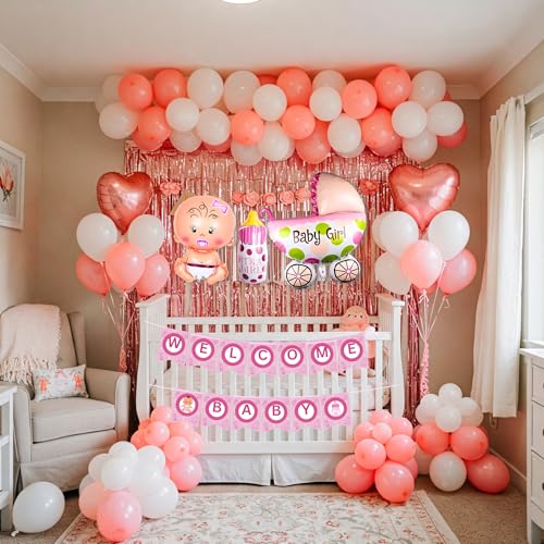 Image of 57 Pcs Welcome Baby Girl Decoration Kit | Balloons, Banner, Curtains, Foils, Stars, Hearts, Ribbon & Confetti for Baby Shower & Newborn Celebration Set 15