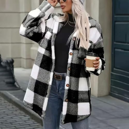 Fleece Jacket Women Plaid Sherpa Jackets Soft Button Fuzzy Long Sleeve Coat - image 2