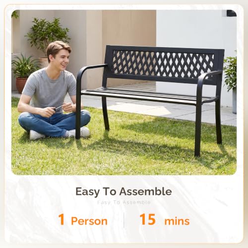 Image of VINGLI 47'' Outdoor Bench, Weather Resistant Garden Patio Bench Powder Coated Iron Frame w /PVC Mesh Backrest Slatted Seat, 2-Person Outdoor Furniture for Front Porch Entryway Park (Black)