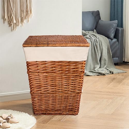 Natural Finish Rectangle Large Wicker Laundry Basket with Lining, Bathroom Storage Laundry Baskets Bin with Lid (Brown) - Image 3