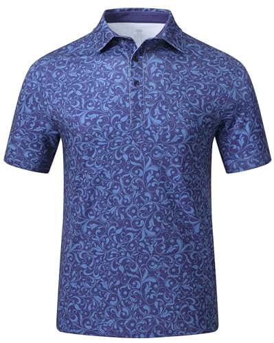 MoFiz Polo Estampado Hombre Camisa de Manga Corta Verano Vintage Patrón Colorida Camiseta Deportiva Transpirable Golf Tops IG-Planta-Azul Marino EU XXL