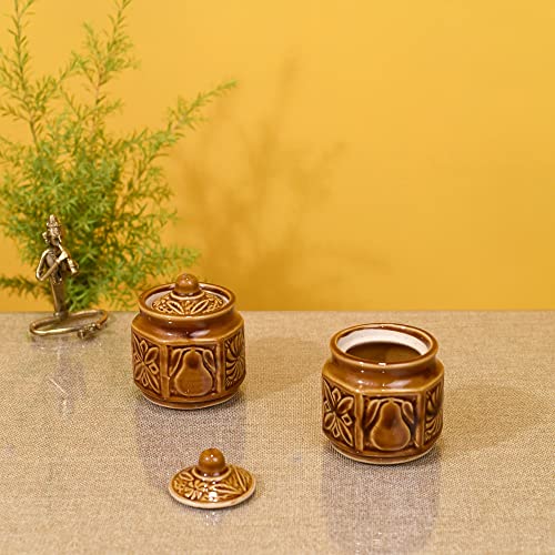 Image of AAKRITI ART CREATIONS Ethnic Martaban Set of 2 | Ceramic Pickle Jar & Mukhwas Box | Kitchen Storage Container & Jar Set | Aesthetic Dining Table Decoration Items & Serving Set