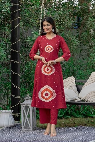 Image of Pistaa's Women's Pure Cotton Bandhani Print Kurta Set with Dupatta