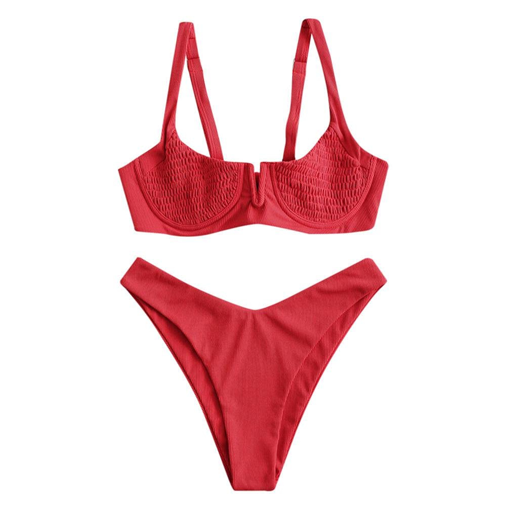 ZAFULWomen's Ribbed Underwire Bikini High Cut V Notch Smocked Swimwear Printed High Leg Swimsuit