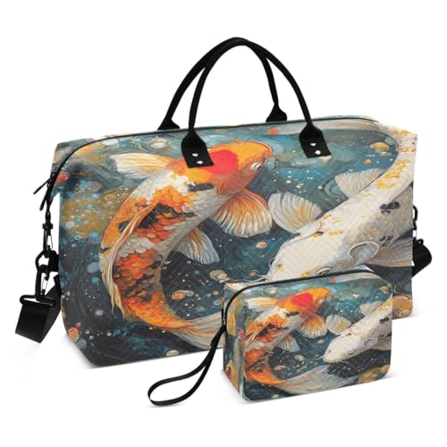Colorful Fish Travel Duffle Bag Gym Bag Weekender Bags with Toiletry Bag Travel Trip Tote Bag