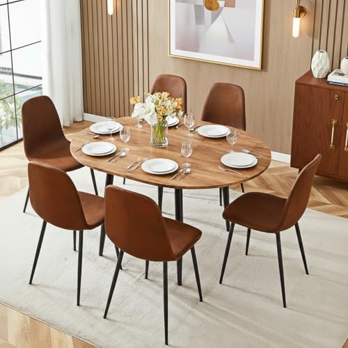 Image of FURNITO Round Dining Table Set for 6, 42 inch-54 inch Extendable Dining Table with 6 Upholstered Chairs, 7 Piece Modern Kitchen Table and Chairs Set for Dining Room, Kitchen, Small Space, Easy Assembly & Use