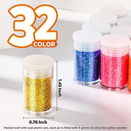 Fine Slime Glitter, Set of 32 Colors, LEOBRO Multi Purpose Glitter Powder for Arts, Crafts, Epoxy Tumblers, Decoration Weddings Cards Flowers, Scrapbooking, Body, Face, Nail, Glitter Slime Making