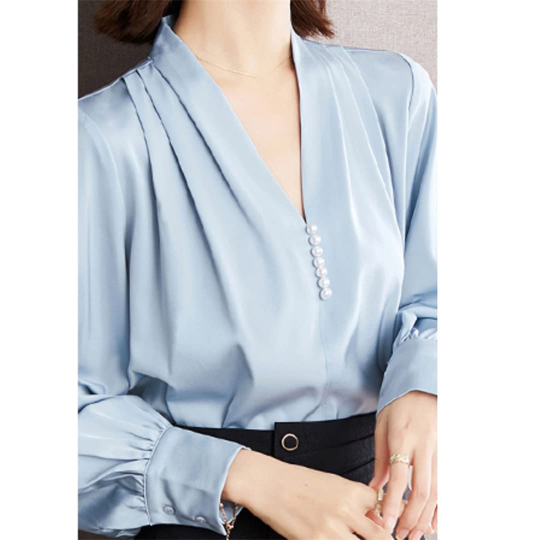 Chemise à Manches Longues à col en V pour Femmes Printemps Casual Blouse de Travail de Bureau en Vrac Chemises en Mousseline de Soie plissée perlée