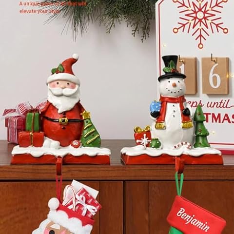 PandaXun Christmas Stockings Holder,Christmas Stocking Hanger for Mantel,Seasonal Decorative Hook Home Party Decoration,Santa Snowman Christmas Stocking Holder for Fireplace Stocking Hooks (2PCS) Cover