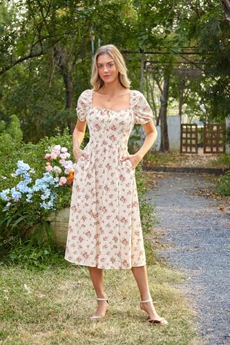 Image of Scarlet Darkness Women's Floral Corset Dress with Split 2026 Summer Spring Square Neck Midi Milkmaid Dresses