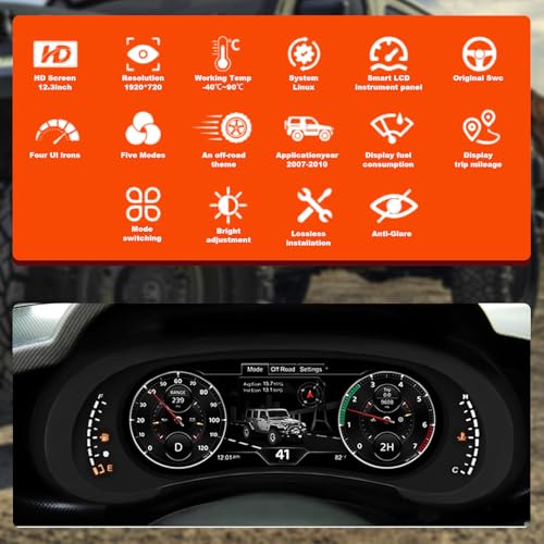 Image of Digital Instrument Cluster Display for Jeep Wrangler 2007-2010 | 12.3 inch HD Screen 1920*720, 2S Fast Boot, Plug&Play, Non-Destructive Install, OTA Upgrade, 6 Mode 4 Color, Speedometer Upgrade