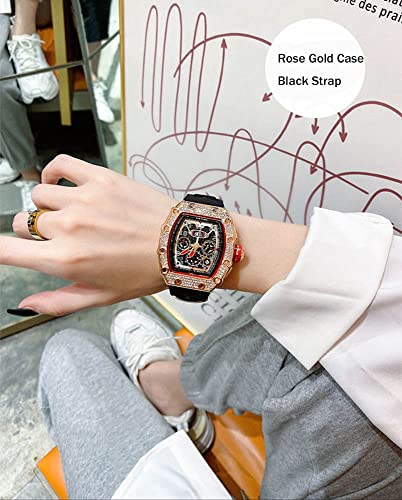 Gosasa Mens Diamond Watches Luxury Tonneau Watches for Men Analog Watch Chronograph Calendar Date Men’s Dress Business Work Watch Large Rectangle Face Wristwatch with Silicon Strap2