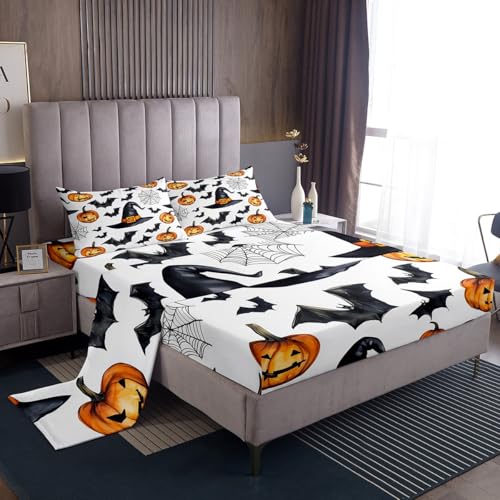 Feelyou Happy Halloween Sheet with 16 Inch Deep Pockets Pumpkin Bed Sheets Set for Kids Boys Girls Teens Room Decor Fall Pumpkin Lantern Bat Cobweb Magic Hat Bedding Full Size Breathable Soft 4Pcs