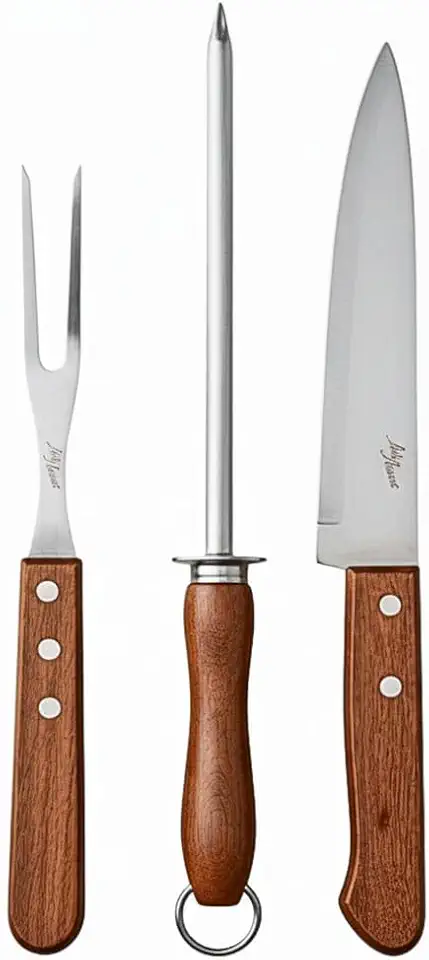 Kit Churrasco Profissional 3 Peças(Faca, Garfo, Espeto de carne) com Cabo de Madeira Ergonômico e Lâminas Afiadas, Ideal para Churrasqueiros.