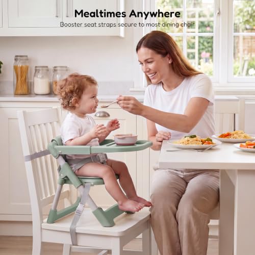 Image of Baby High Chair Booster Seat: Portable Booster Seat for Kitchen s Dining Chair Foldable Highchair - Travel Size Tool-Free Setup Adjustable Tray (Green)