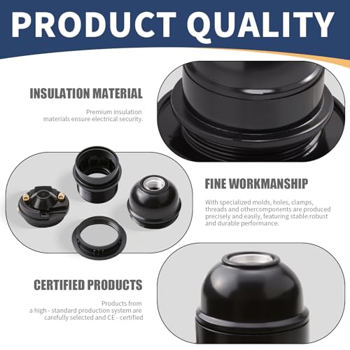 Edison Screw ES E27 Lamp Holder Bulb Pendant Socket Black Bakelite Lamp Holders Shade Ring E27 Screw Lampholder with 10mm Threaded Entry for Table Ceiling Pendant Light Fitting Parts - Image 5