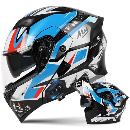 AIUTO PROFESSIONALE DEL MOTOCICLO BLUETOOTH: Il leggero guscio composito ABS offre un buon equilibrio tra dimensioni, stabilità e resistenza al calore. Lo strato buffer EPS riduce la forza d'impatto. Il casco pesa circa 1,8 kg, è leggero e resistente, è conforme alla certificazione ECE 22.06 e può garantire la sicurezza del casco mantenendo il peso.