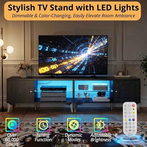 Image of LIKIMIO 2-in-1 TV Stand for 85 Inch TV, Black TV Consoles with LED Lights | 2 Storage Cabinets & Adjustable Glass Shelves, with Charging Station, TV Table for Living Room & Bedroom