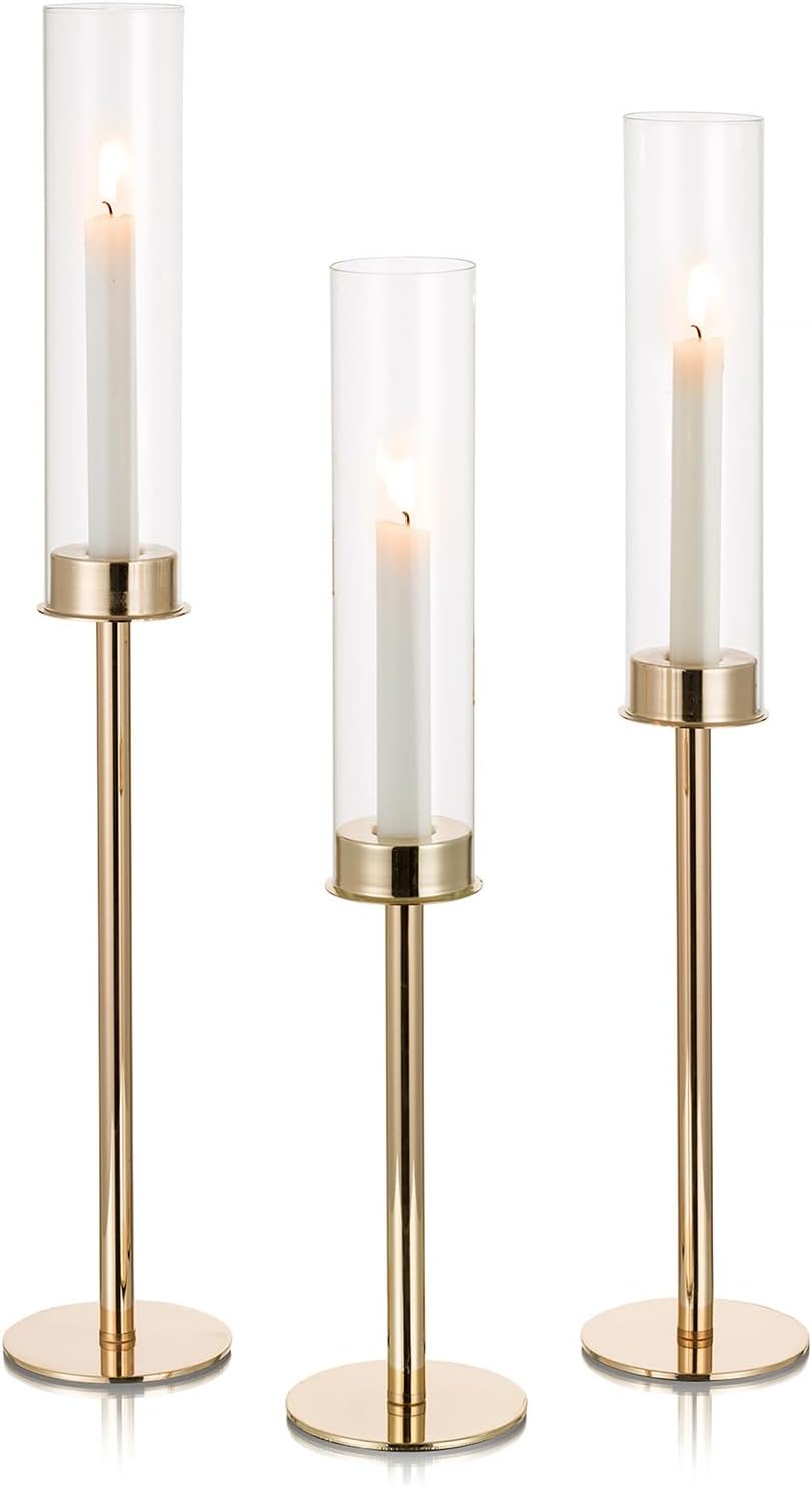 NUPTIO Gold Taper Candle Holders: Set of 3 Tall Hurricane Candlestick Holder with Open Ended Clear Glass Covers Long Stem Metal Candle Stick Stand for Fall Thanksgiving Christmas Table Decor