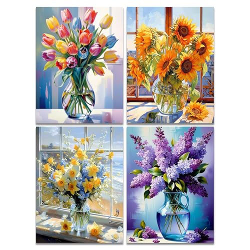 Muzagroo Art Kits de pinturas de diamantes de flores para adultos, kits de arte de diamantes de girasol para principiantes, manualidades a mano, kit completo de puntos de diamante 5D, arte de gemas de
