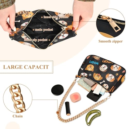 Cartoon Cute Brown Dogs Black Shoulder Handbag Aesthetic for Women Hobo Purse Clutch Chain Strap Zipper Purses Cute4