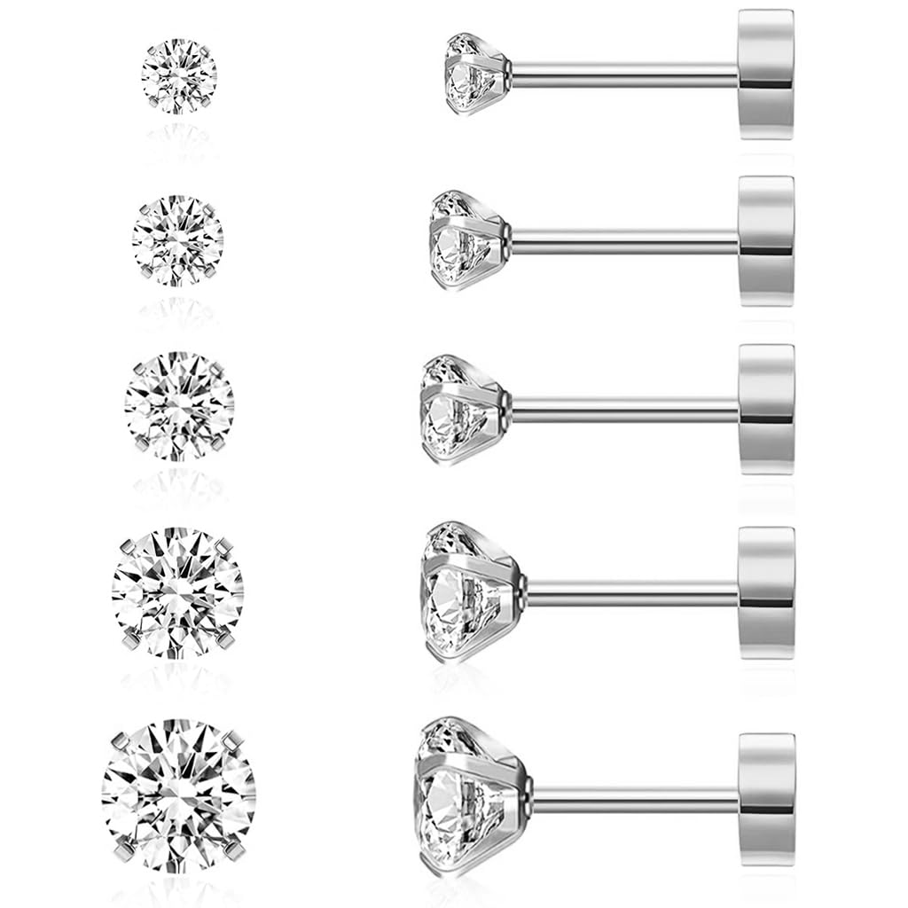 SANNIDHI5 Pairs Earrings for Women Flat Back Gold/Silver Cartilage Stud Earrings Cubic Zirconia 316L Stainless Steel Earrings - 3 4 5 6 8mm Hypoallergenic Nickel-Free