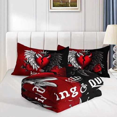 Image of AILONEN Gothic Broken Heart Comforter Set Full Size,Red & Black Bedding Set 3Pcs for Couples Adults,Angel Devil Wings Heart Quilt with 2 Pillowcases