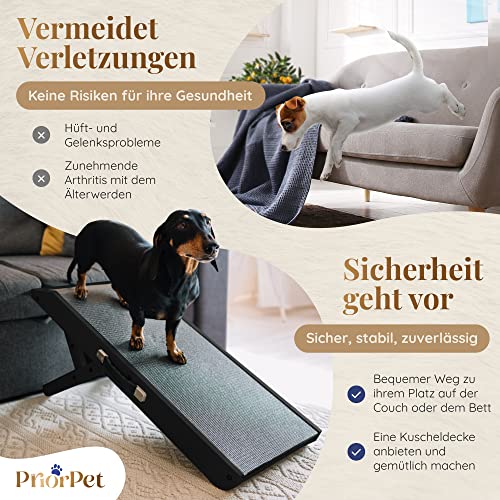Hunderampe - Hundetreppe für kleine Hunde und große Hunde - Einstellbar 18-53 cm - Für Bett Sofa - Birkenholz - Landeplattform schließt nahtlos an - Rampe Hund Klappbar - Anti-rutsch Einsatz Schwarz