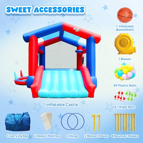 Bounce House with Slide, Kids Inflatable Bouncer with Sunshade Overhead Cover, Blower, 143 x 142 x 99 inches Backyard Bouncing Castle with Jumping Area, Ball Pit - Image 7