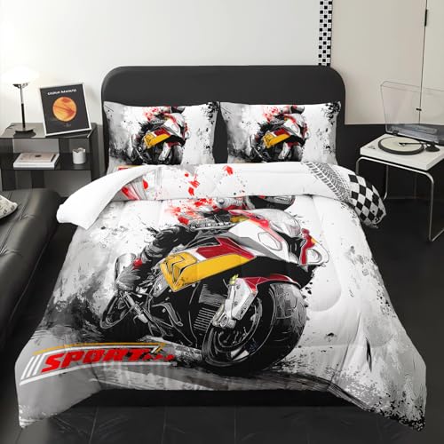 Image of Motorcycle Race Comforter Set Queen Size for Boys,Kids Sports Themed Queen Size Bedding Set,Sport Quilt for Boys,with 1 Comforter with 2 Pillow Case