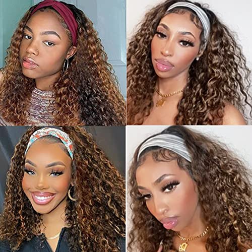 Image of Celiarita Highlight Ombre Headband Wig Deep Wave Human Hair Wigs 4 /27 Brazilian Virgin Curly Human Hair Headband Wigs for Black Women 10 Inch