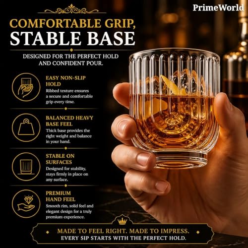 Image of PrimeWorld European Ribbed Whiskey Glasses Set of 6 pcs- 350 ml Bar Glass for Drinking Bourbon, Whisky, Scotch, Cocktails, Cognac- Old Fashioned Cocktail Tumblers