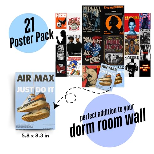 Image of Yellow Town India Mixtape Aesthetic 21 Piece Music & Pop Culture Poster Pack, Wall Art Collection with Nirvana, Pink Floyd, The Weeknd, 5.8 x 8.3 in, with Wall-Friendly Tape Roll