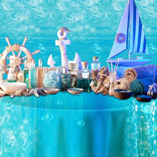 Image of 1 Roll 1200 X 54 Inch Under The Ocean Tablecloth Slide Cutter Box Disposable Backdrop Mermaid Table Cover Sea Waves Bulletin Board Plastic for Water Beach Theme Birthday Party babyshower Decor