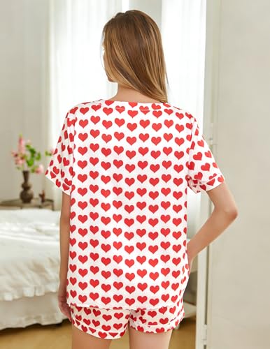 Image of ASTANFY Valentines Day Pajamas Women 2 Piece Silk Valentine Pjs Cute Heart Pajamas V Neck Satin Sleepwear Loungewear Set