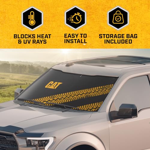 Cat Auto Shade for Car/Truck Windshield Pop-Up Sunshade UV Reflective Sun Shade Black with Yellow Tire Tracks – Jumbo Size 64” x 32”