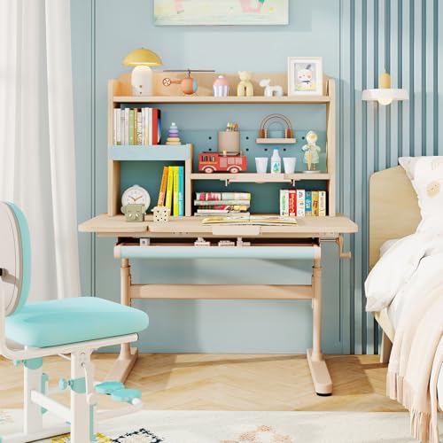 COSTWAY Schreibtisch Kinder, Kinderschreibtisch 52-74 cm höhenverstellbar mit neigbarer Tischplatte, Kindertisch mit Regal, Schublade, & Buchständer, Schülerschreibtisch für Kinder ab 3 Jahren (Blau)