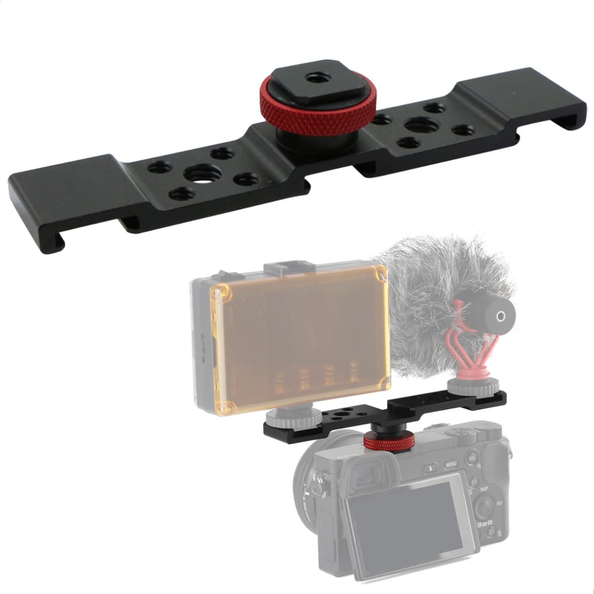 Flash Bracket Fixation Support Sabot - Double Rail Barre D'extension en Alliage Aluminium avec Trous Vis 1/4" 3/8" pour Lumière Led Trépied Light Microphone Monopode Dslr Reflex , Noir