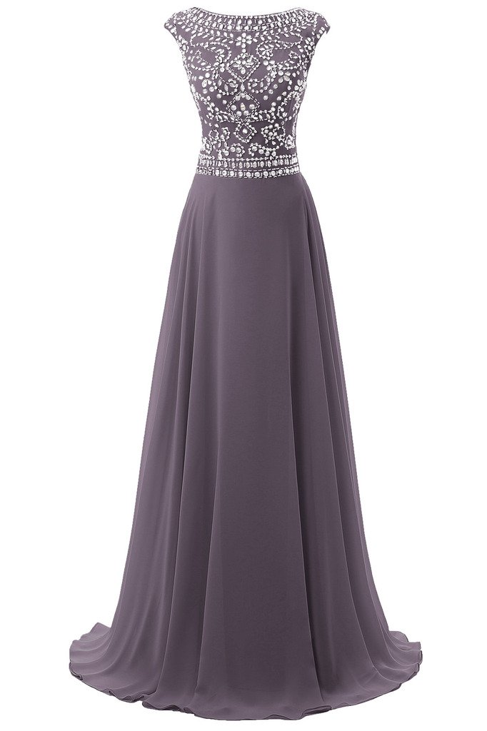 Women's Long Chiffon Bridesmaid Dress Cap Sleeves Beaded Prom Eveing Gown Grey US 18Plus