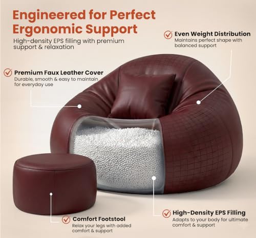 Image of Sattva Classic 6XL Sofa Style Bean Bag Chair with Beans Filled | Faux Leather Bin Bags Sofa Combo with Footstool & Cushion | Large Beanbags for Adults, Home & Office | Pre-Filled Beans Bag - Maroon