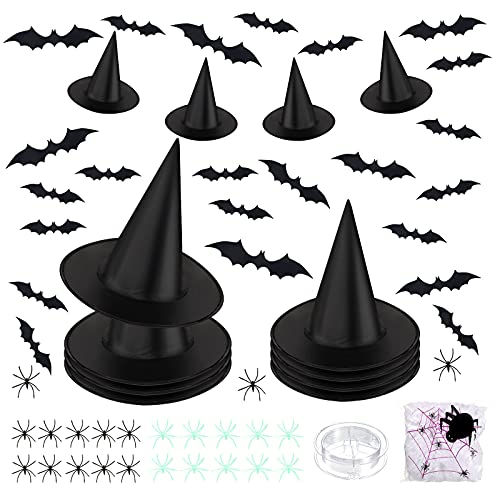 73 Piece Halloween Decoration Kit Include 8 Halloween Costume Witch Hats 44 Piece Halloween Bat Stickers 1 Stretchy Spider Web 20 Black Luminous Spider Toys Hanging Rope for Halloween Party Decoration