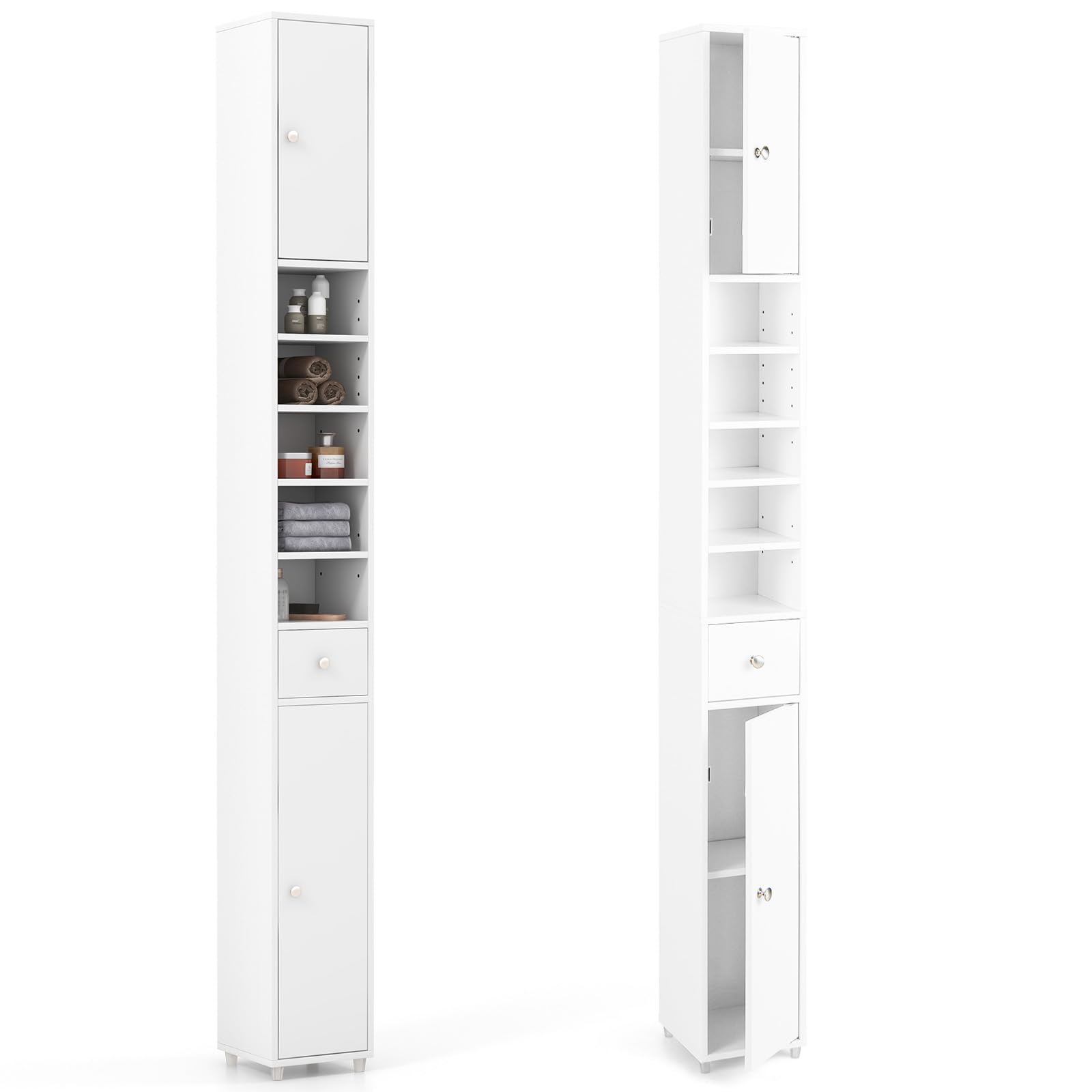 LIFEZEAL Badezimmerschrank 190 Cm Hoch, Schwarz – Schmaler Hochschrank Mit 4 Türen & 2 Offenen Regalen
