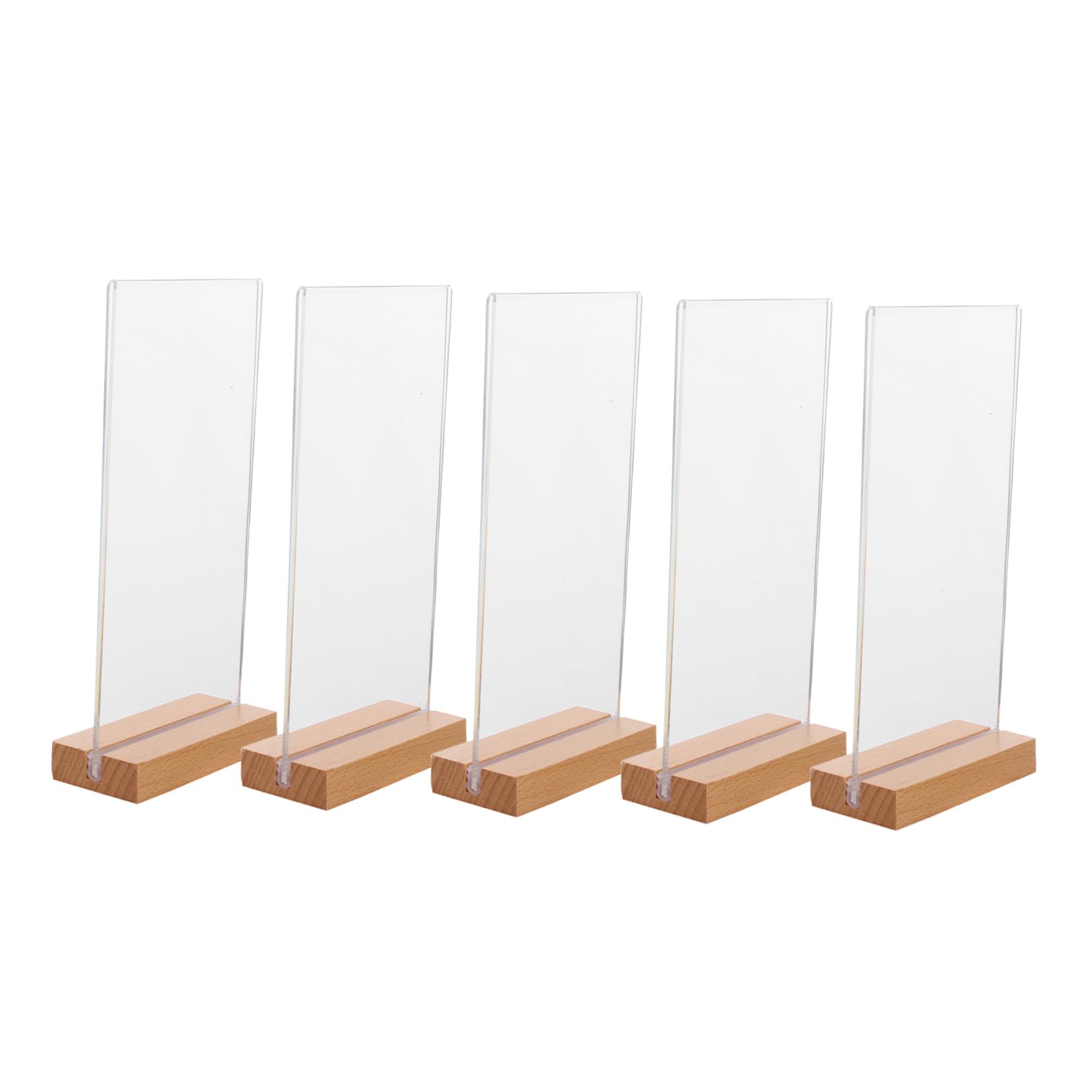 5 Piezas Soporte de Carteles de Acrílico Transparente con Base de Madera T Forma Vertical para Menús de Restaurante Oficina Expositor de