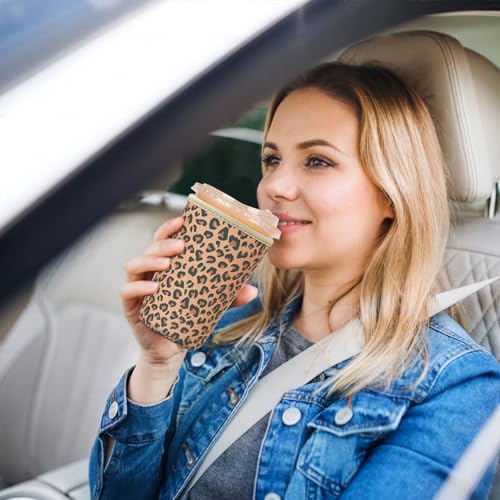 Image of Reusable Insulated Sleeve for Iced Coffee Cup, 3-Pack Coffee Neoprene Drink Sleeve for Cold & Hot Drinks, Beverage Holder for Iced Coffee (Brown Leopard)