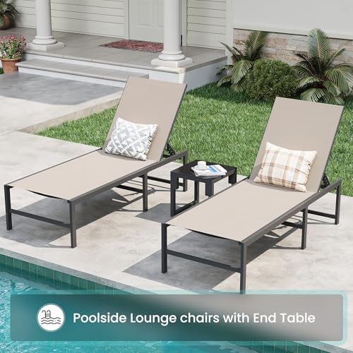 Image of Amopatio Patio Lounge Chair Outdoor Chaise Lounge Set of 2 for Pool | with Side Table Weather Resistant 5-Position Adjustable Backrest Heavy Duty Steel Frame 400 LBS Capacity;Khaki