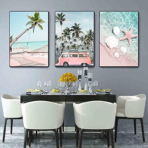 3 Stuk Roze Strand Palm Tree Canvas Schilderij Muur Art voor Woonkamer Meisjes Slaapkamer Badkamer Plant Foto's Dorm… - Afbeelding 5