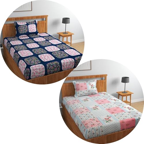 Image of Glace Cotton 220 tc Flat Single Bedsheets Combo Pack of 2 Bed Sheet for Breathable | Wrinklefree Super Soft (Size-60 X 90 Inch) with 2 Pillow Covers (Size-17 X 27 Inches) -Navy Blue& Pink