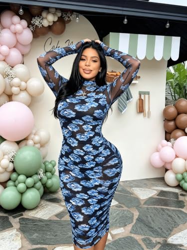 Image of MOEENCN Women's Sexy Long Sleeve Sheer Mesh Midi Bodycon Dress 2 Piece Set