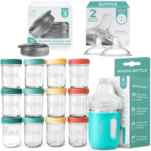 Image of Complete Baby Glass Bottle & Breastmilk Storage Kit | 8oz Mason Jars w/Lid + Slow & Medium Flow Nipples (0-6 Months) + Plastic Mason Jar Rings & Caps + Silicone Sleeves