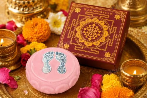 Image of Divyakosh Silver Plated Lakshmi Charan Paduka Pair with Ceramic Base, Laxmi Footprints & Divine Footsteps for Home Temple, Mandir Pooja, Hawan, Diwali Gift, Premium Box Pack. Must for VAR MahaLaxmi |